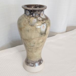 Reactive Glaze Vase Pottery Stoneware Signed GS M Raw Base Olive Green